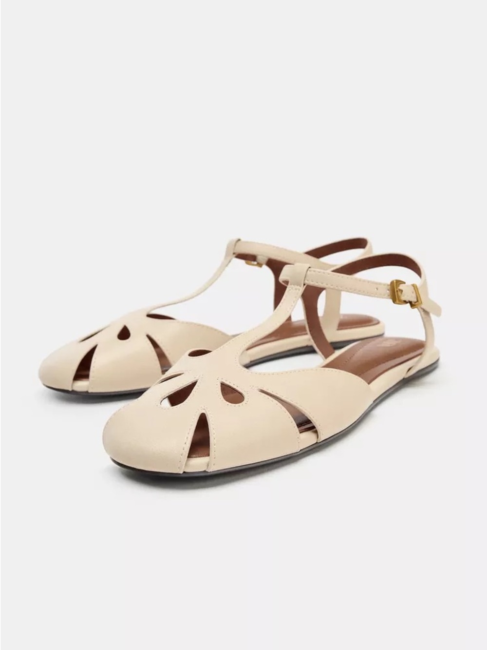 Zara Beige T-Strap Cutout Flat Sandals